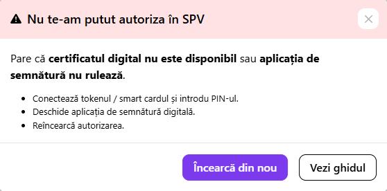 Eroare autorizare SPV: certificatul digital nu este disponibil sau aplicatia nu ruleaza