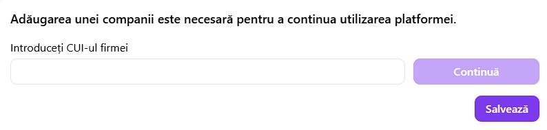 Adaugare companie in Emite-Facturi.ro: introdu CUI si apasa Continua