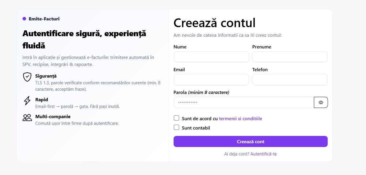 Inregistrare cont in Emite-Facturi.ro - nume, prenume, email, telefon, parola
